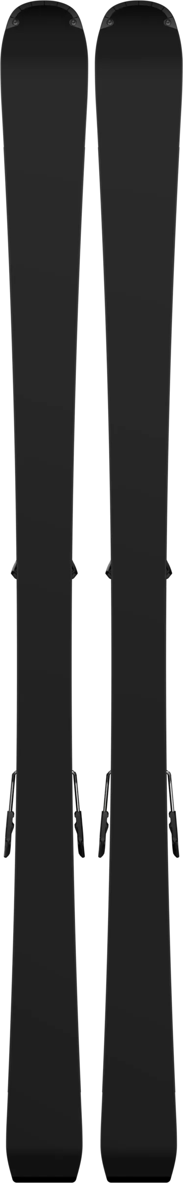 Two black skis with mounted bindings stand next to each other on a white background.