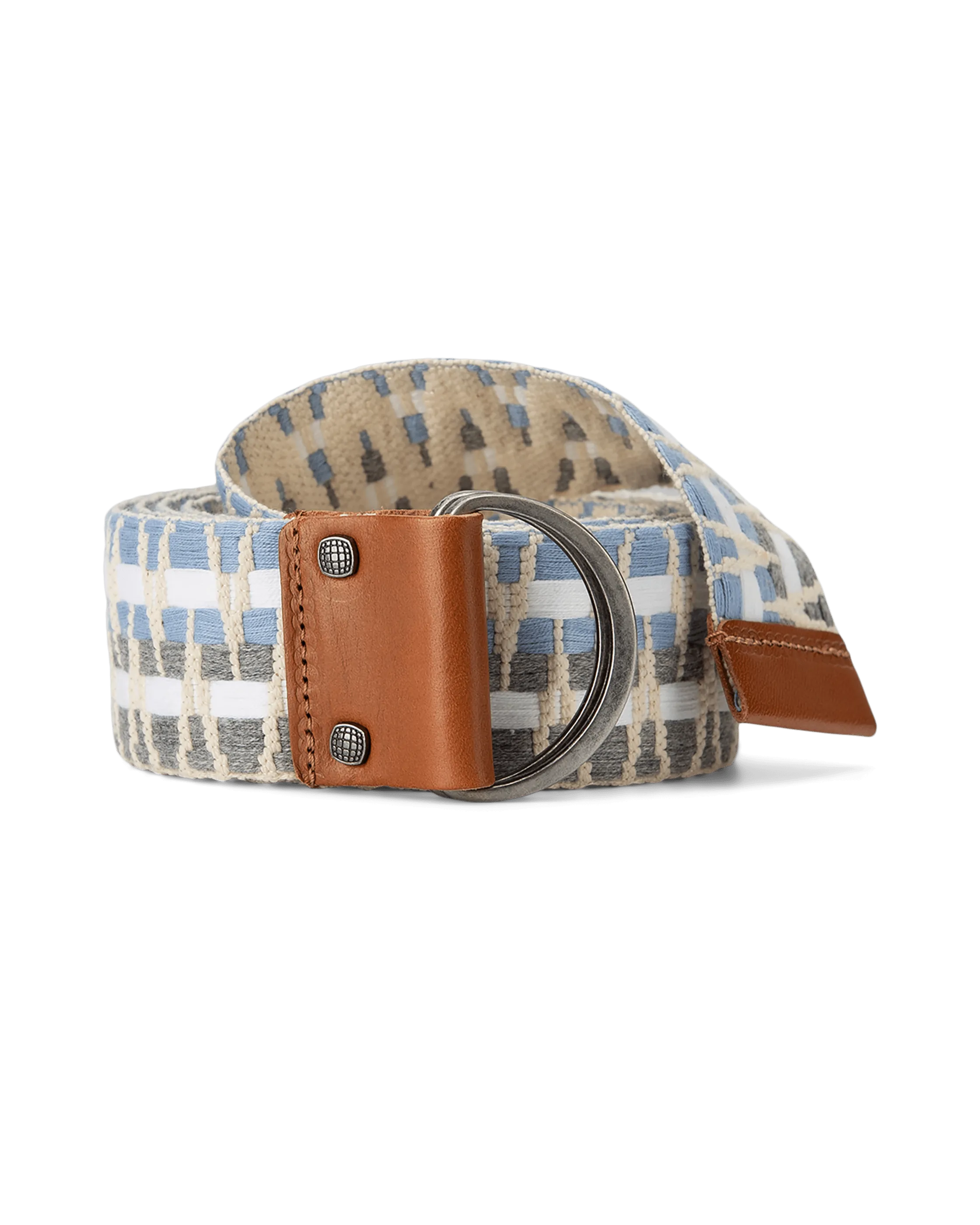 Belt with blue and white pattern, brown leather accents and double metal buckle, rolled on a light background.