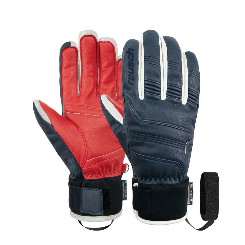 Zwei Reusch Highland R-Tex XT Ski-Handschuhe in Blau/Rot. Lederhandschuhe mit Klettverschluss und elastischem Band.
