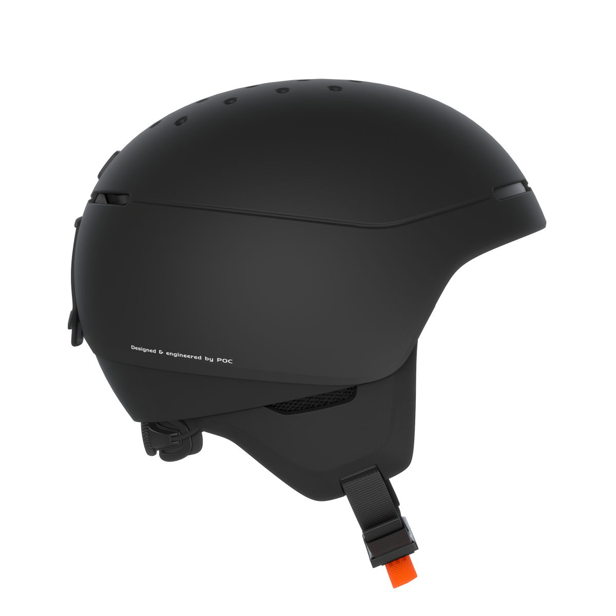 Casque de ski noir Poc Meninx de profil, avec jugulaire et trous d'aération.
