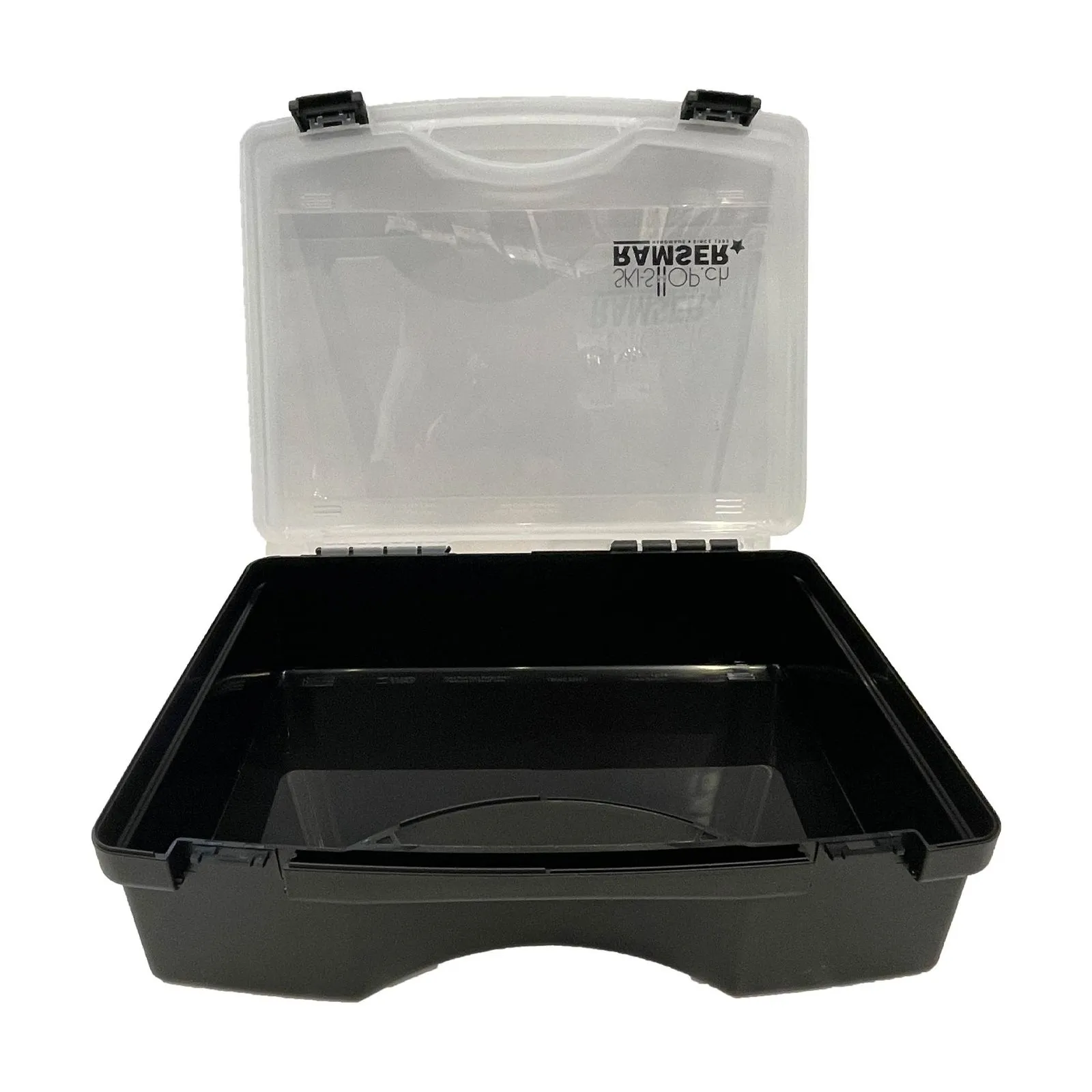 Opened, empty, black Wax Box Pro with transparent lid.