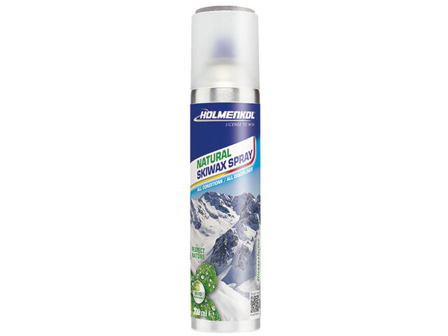 Silberne Spraydose mit Aufschrift "Natural Skiwax Spray" und einem Bergmotiv, geeignet für alle Schneearten.