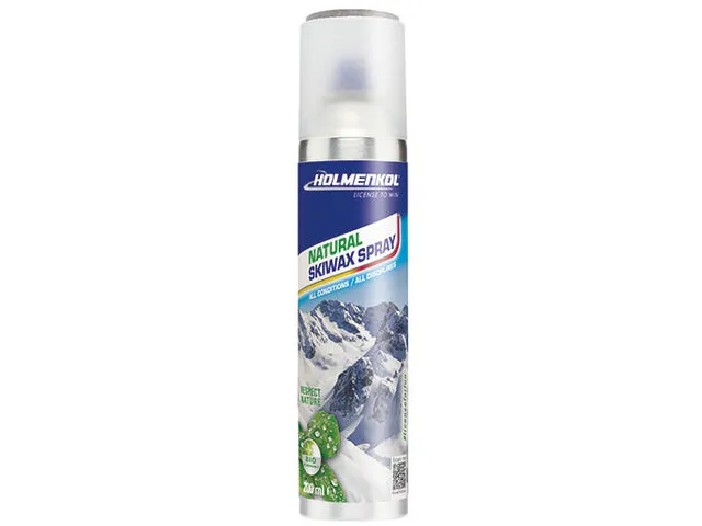 Silberne Spraydose mit Aufschrift "Natural Skiwax Spray" und einem Bergmotiv, geeignet für alle Schneearten.