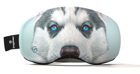 Skibrillen-Schutzbezug mit Husky-Motiv. Blauäugiger Husky-Welpe ziert den Bezug.