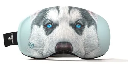 Protective ski goggle cover with husky motif. Blue-eyed husky puppy adorns the cover.
