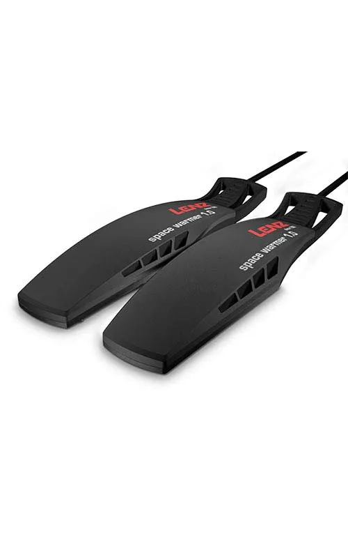 Two black Lenz Space Warmer 1.0, one pair, with red lettering diagonally on a white background.