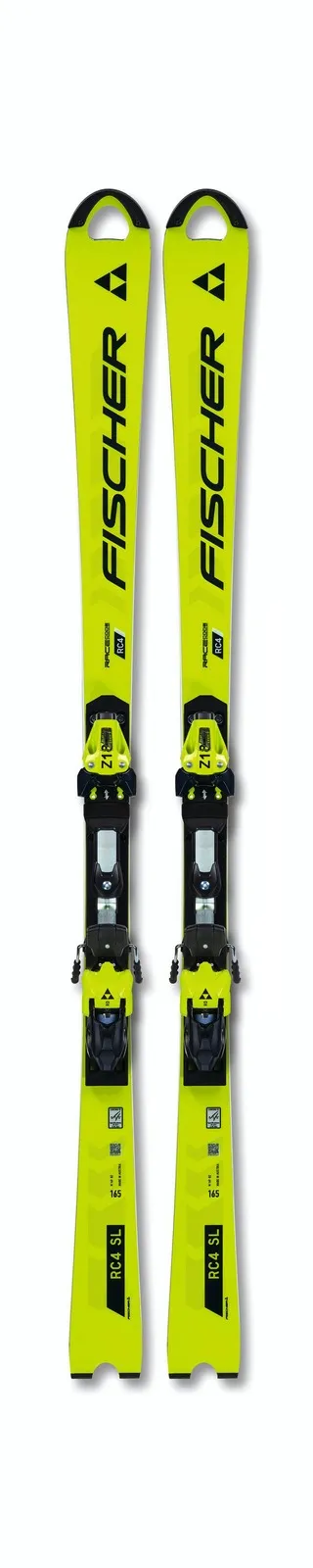 Gelbe RC4 WorldCup SL Ski mit montierter Bindung von oben, auf weißem Hintergrund.