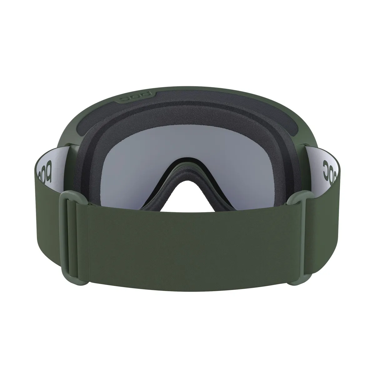 POC Retina WF ski goggles, Epidote Green, front view. Green frame, gray lens, wide strap.
