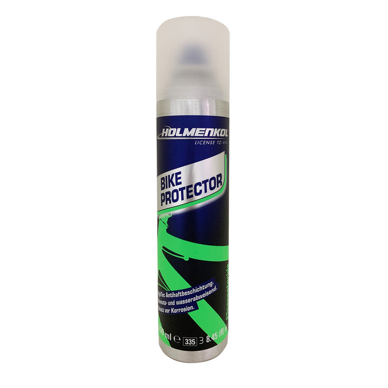 Eine Dose Holmenkol Bike Protector Spray mit blau-grünem Etikett. Der Sprühkopf ist durchsichtig.
