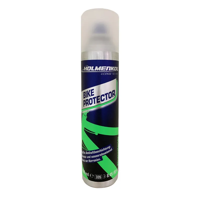 Eine Dose Holmenkol Bike Protector Spray mit blau-grünem Etikett. Der Sprühkopf ist durchsichtig.