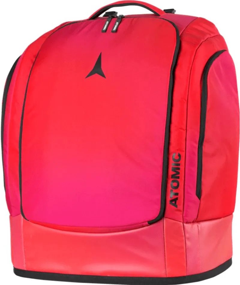 Sac à dos rouge pour montres de ski Atomic avec fermetures éclair et poignée de transport sur le dessus, logo noir Atomic et accents noirs.