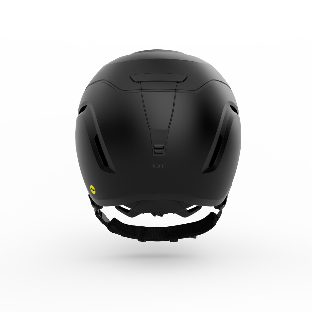 Casque de ski noir vu de l'arrière avec des ouvertures d'aération et l'impression "NEO JR" sur un fond blanc.