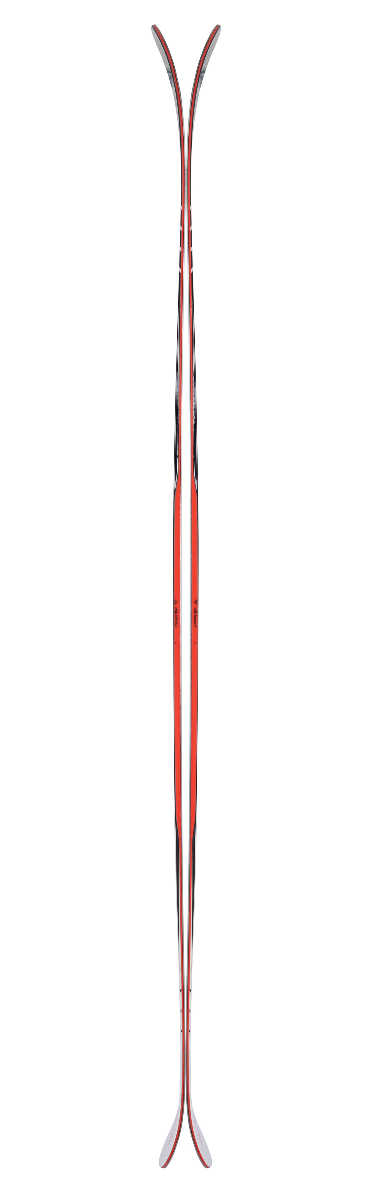 Black Crows Camox ski Two Black Crows Camox skis, photographed from below, with red and black design on white background.