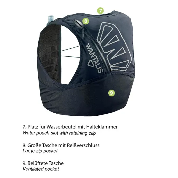 Gilet d'hydratation bleu foncé pour la course Hydrabag Elite 8L avec plusieurs poches et marquages réfléchissants.