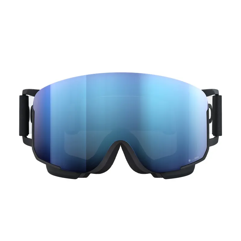 Black ski goggles with large blue mirrored lens and black strap, front on white background.
