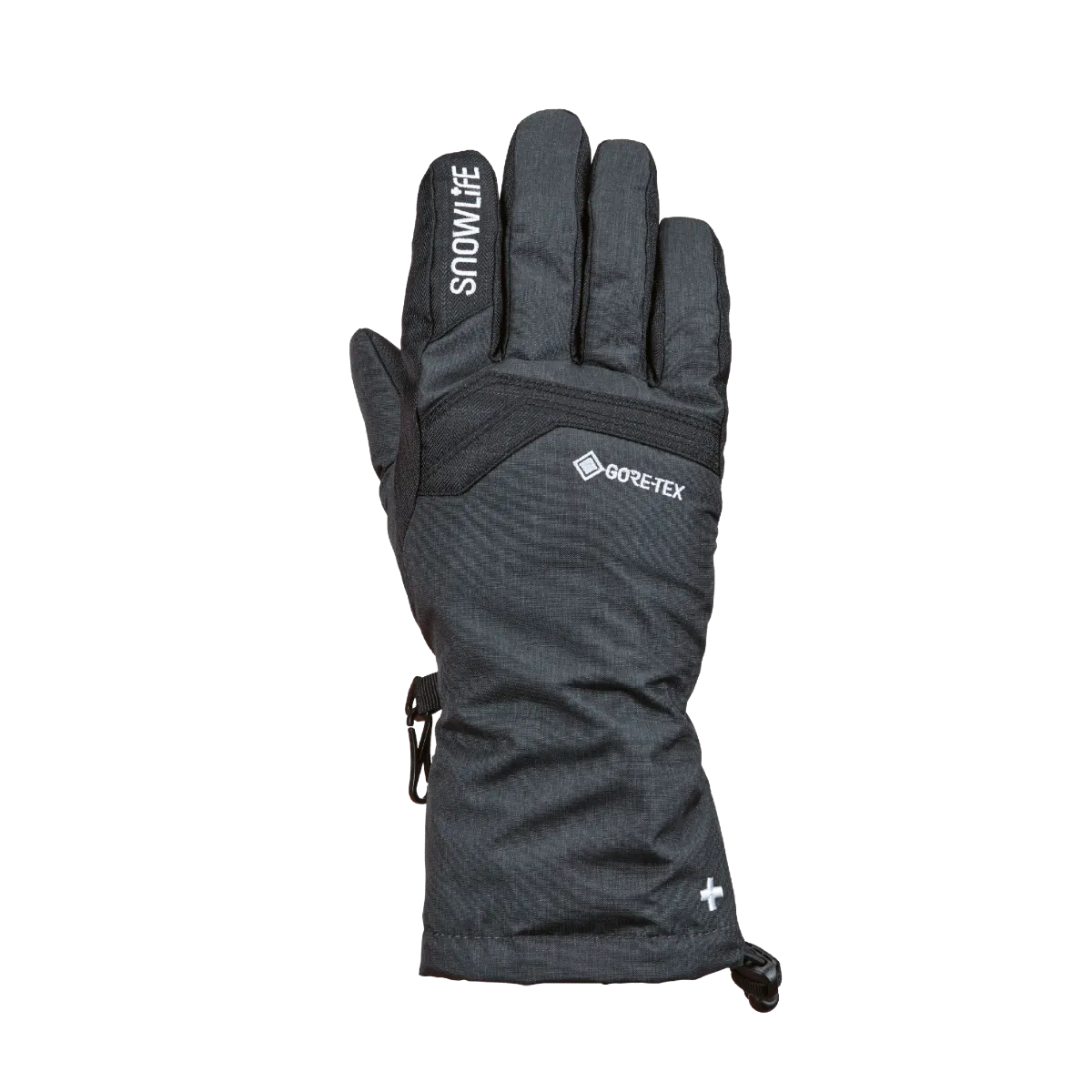 Grey winter glove, palm up, with prints, Gore-Tex logo and adjustable cuff.