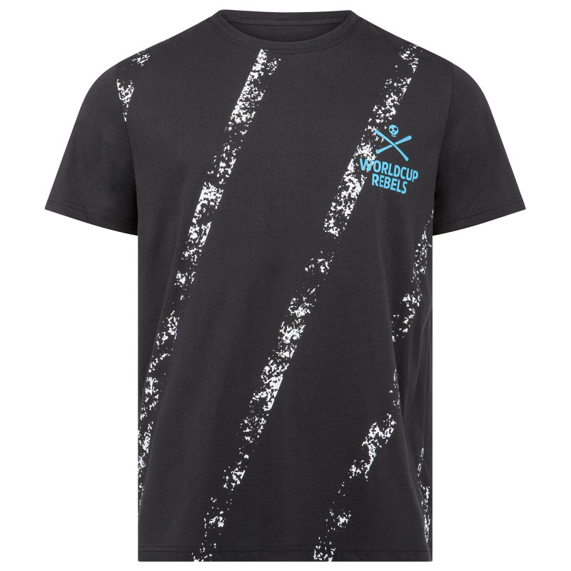 Schwarzes Head Race T-Shirt für Herren mit weißem Camouflage-Muster und blauem World Cup Rebels Logo.