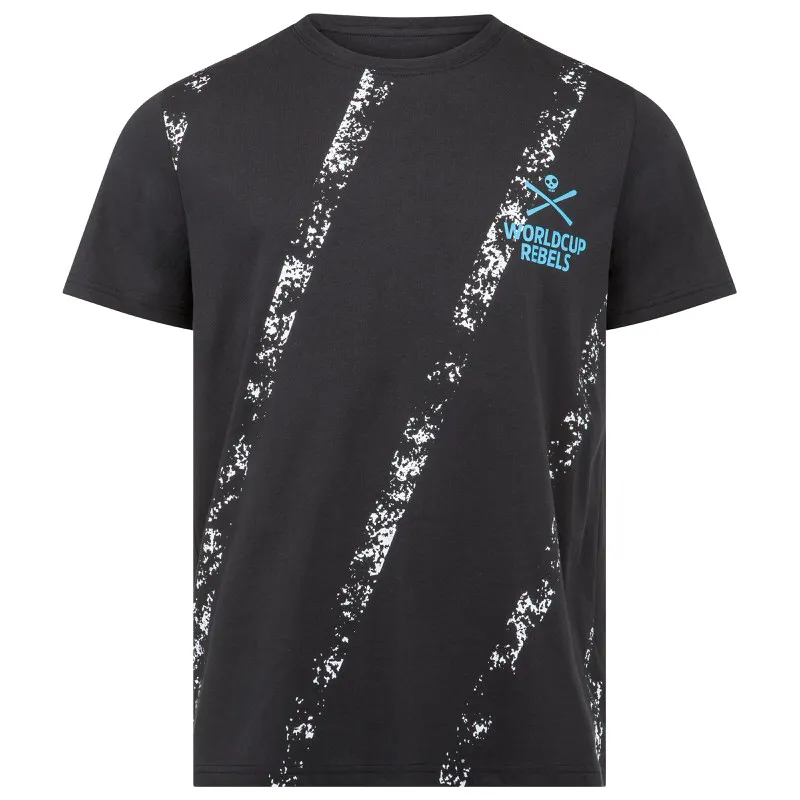 Schwarzes Head Race T-Shirt für Herren mit weißem Camouflage-Muster und blauem World Cup Rebels Logo.