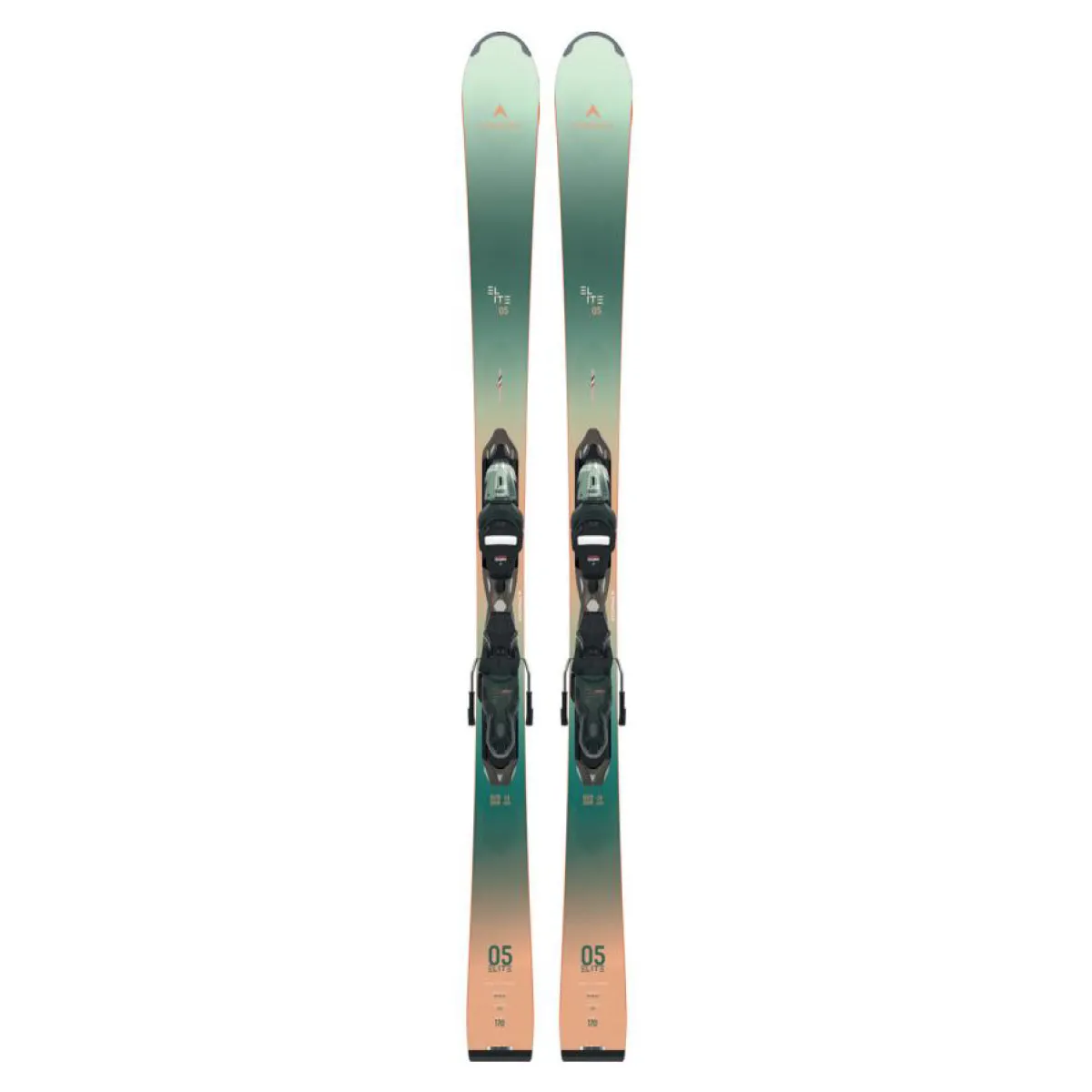 Zwei Skier, die parallel stehen, mit Skibindungen montiert, in Farbverläufen von Grün und Beige.
