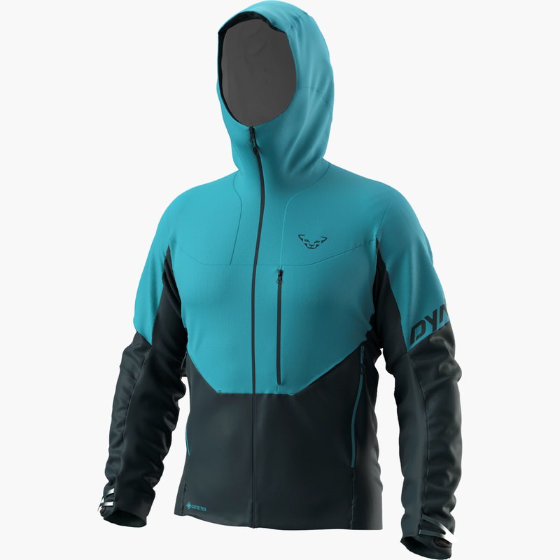 Blau-schwarze Dynafit Radical Infinium Hybrid Jacke mit Kapuze, Reißverschluss und Logo.