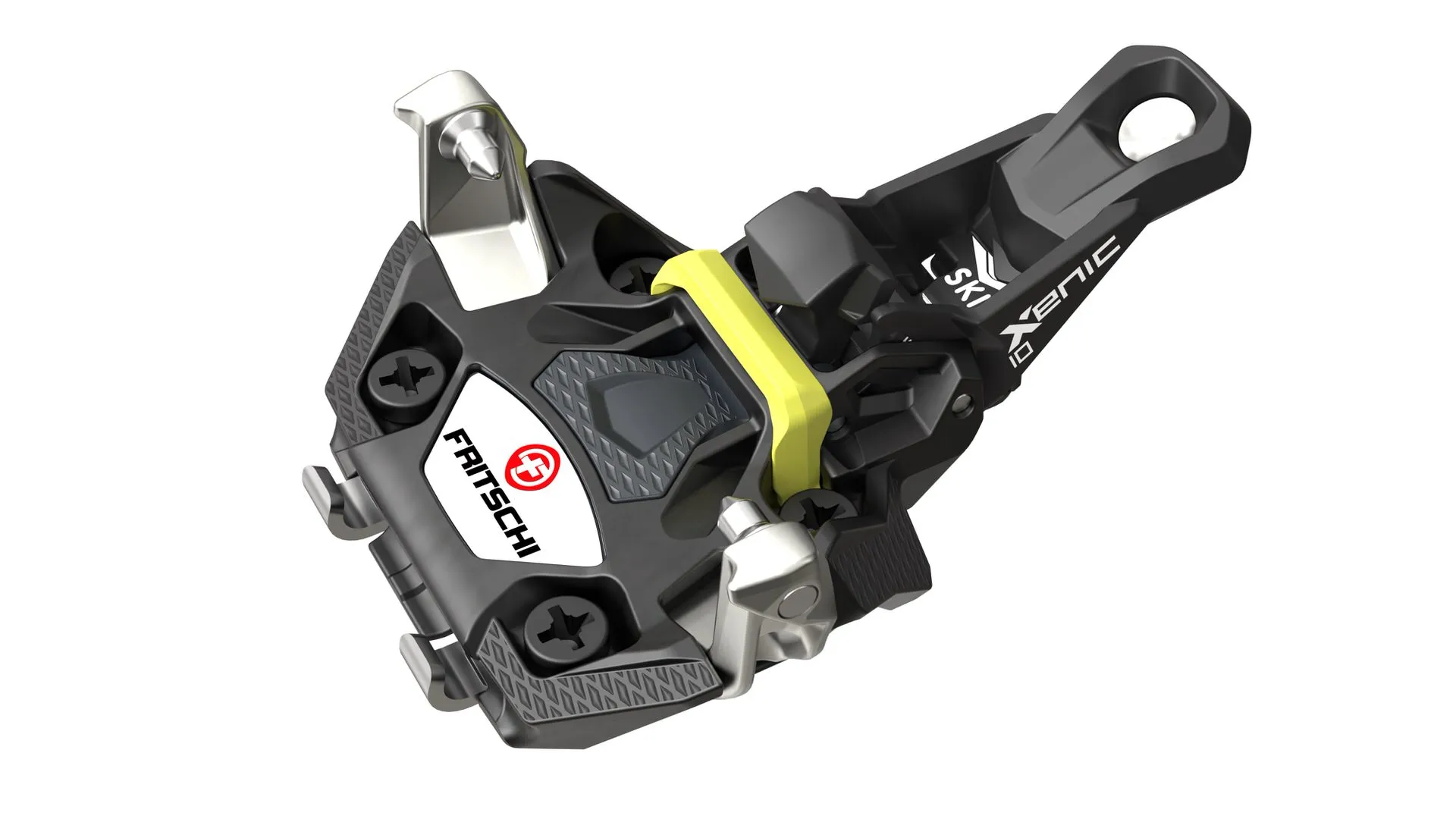 Gros plan sur la Fritschi Xenic 10 en jaune et noir, une fixation de randonnée pour le ski-alpinisme, avec le logo Fritschi.