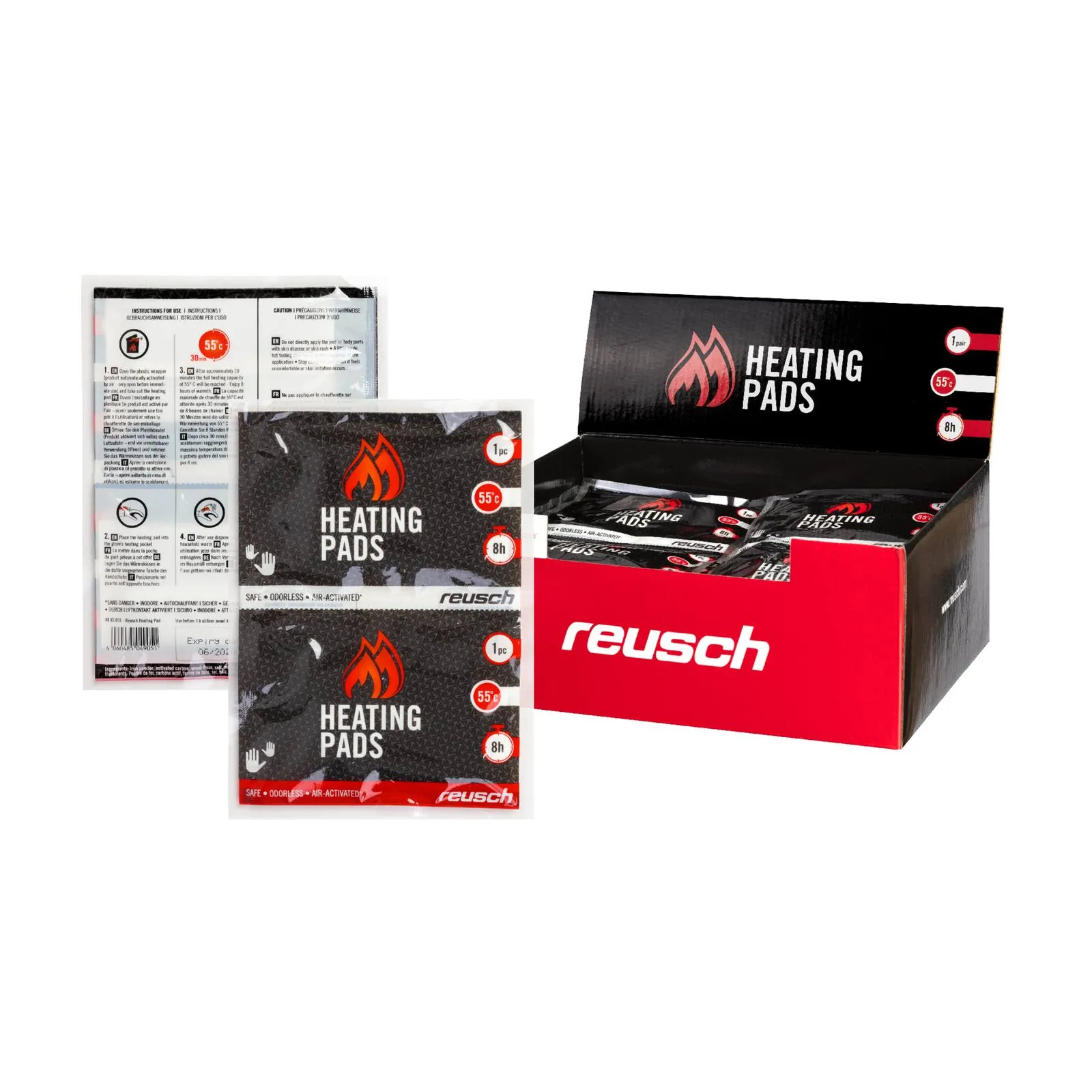 Heizkissen der Marke Reusch, verpackt und lose, mit Hinweisen und in roter Verkaufsverpackung.