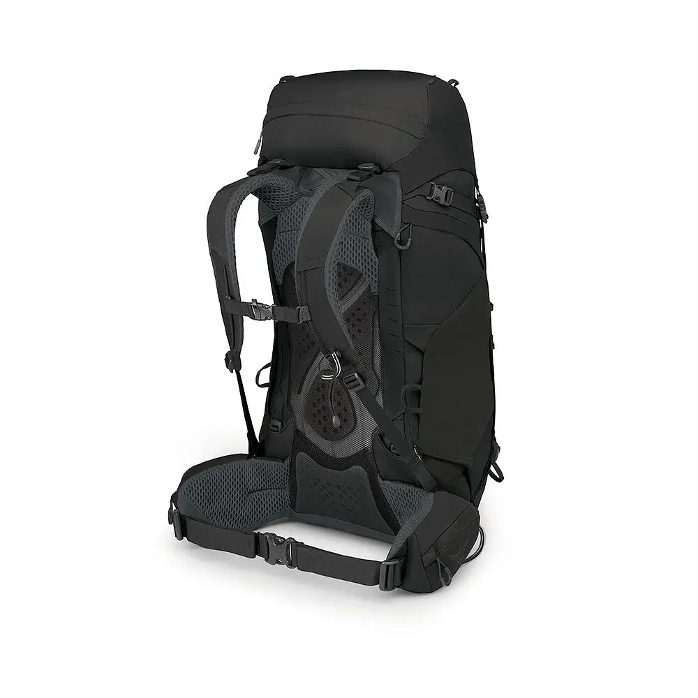 Black hiking backpack, shown from the back and slightly from the side, featuring padded shoulder straps, a ventilated back panel, and a wide hip belt. Buckles, compression straps, and attachment loops are visible. Sturdy and functional for outdoor use.