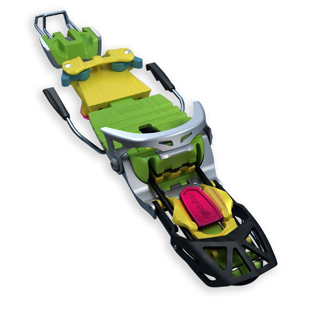 Gros plan sur la fixation de ski Rottefella NTN Freedom Color, détails de couleur en vert, jaune, rose et noir.