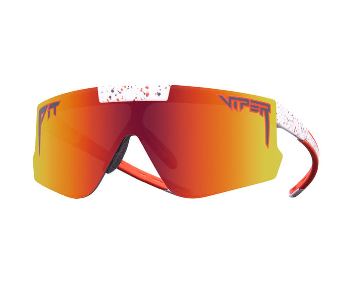 Lunettes de soleil orange avec monture blanche mouchetée, vue de face.