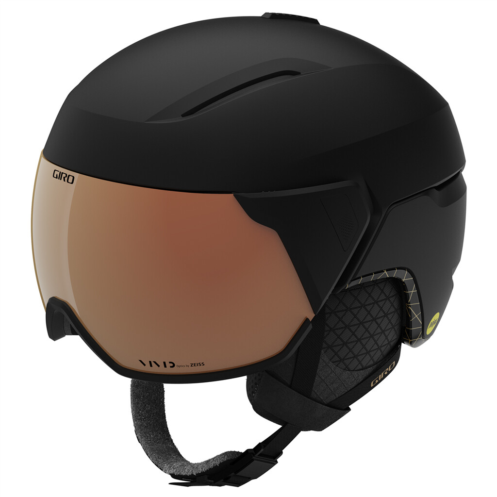 Matter, schwarzer Skihelm, Aria Mips Spherical Vivid, mit integriertem Visier und Ohrenschützern.