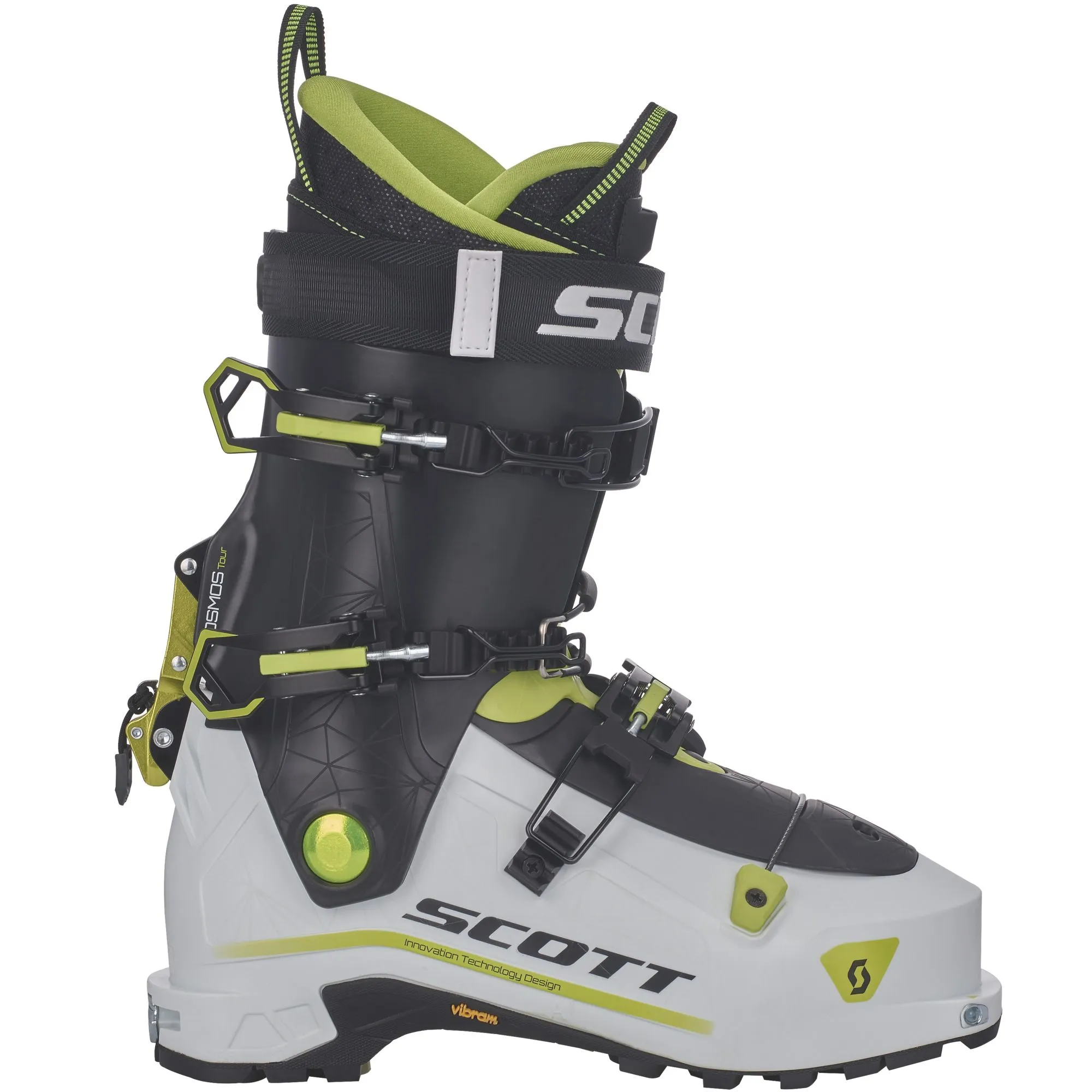 Ski touring boots Scott Cosmos Tour, side view. White lower boot, black shaft with buckles and green lining.