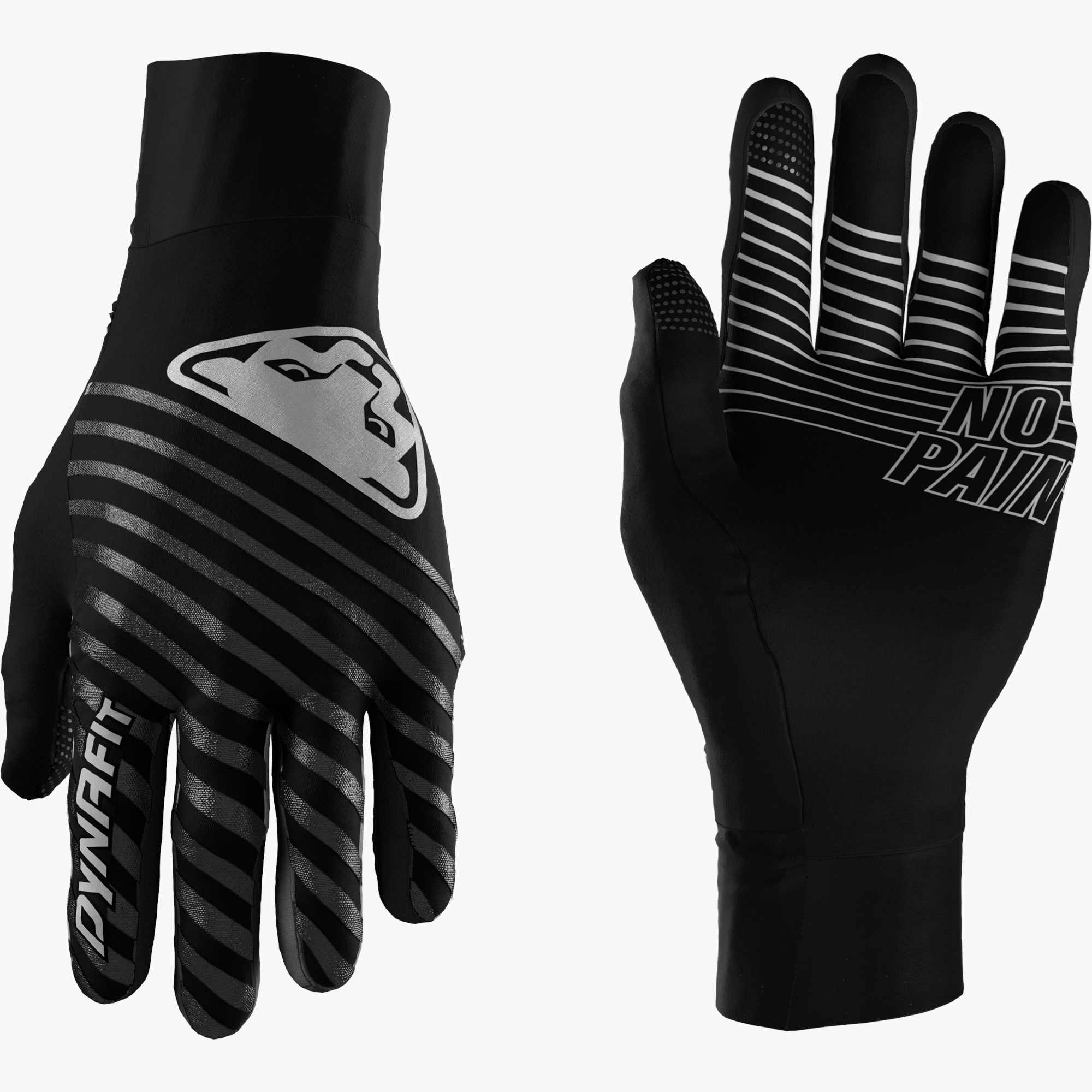 Schwarze Dynafit Alpine Reflective Handschuhe, Innenfläche mit "No Pain No Gain" Aufdruck und reflektierenden Streifen.
