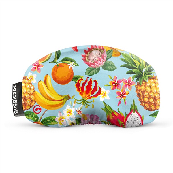 Skibrillen-Schutzhülle mit tropischen Früchten wie Ananas, Bananen, Drachenfrucht und Blumen auf hellblauem Grund.