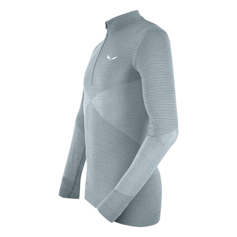 Salewa Zebru Med Tee Hellgraues, langärmliges Salewa Zebru Med Warm AMR Men 1/2 Tee mit Reißverschluss und Logo.