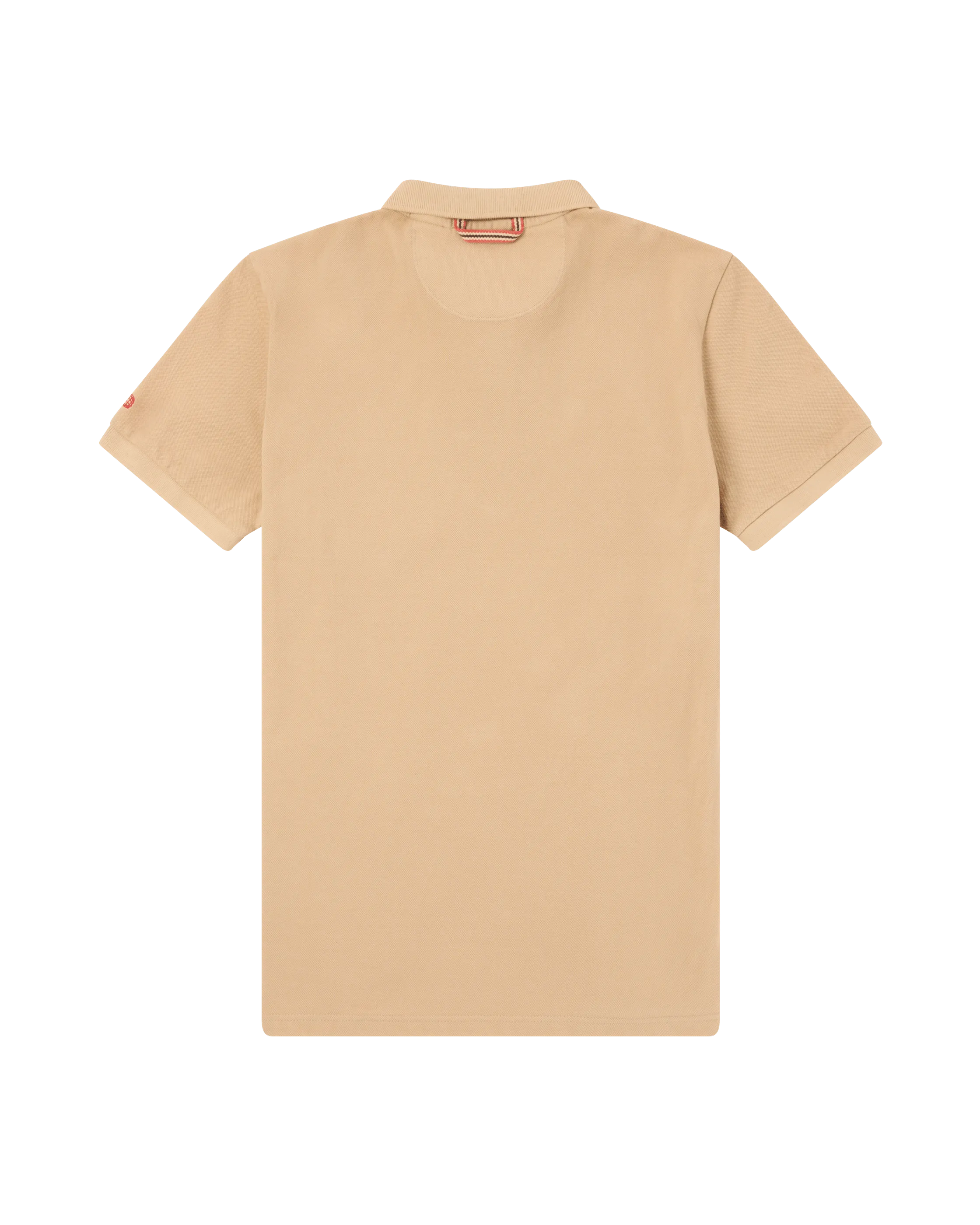 Beige polo shirt back view with collar, short sleeves and small red logo on the sleeve. The background is neutral.