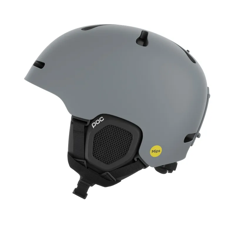 Gray POC ski helmet with black ear covers, straps and a yellow Mips sticker.