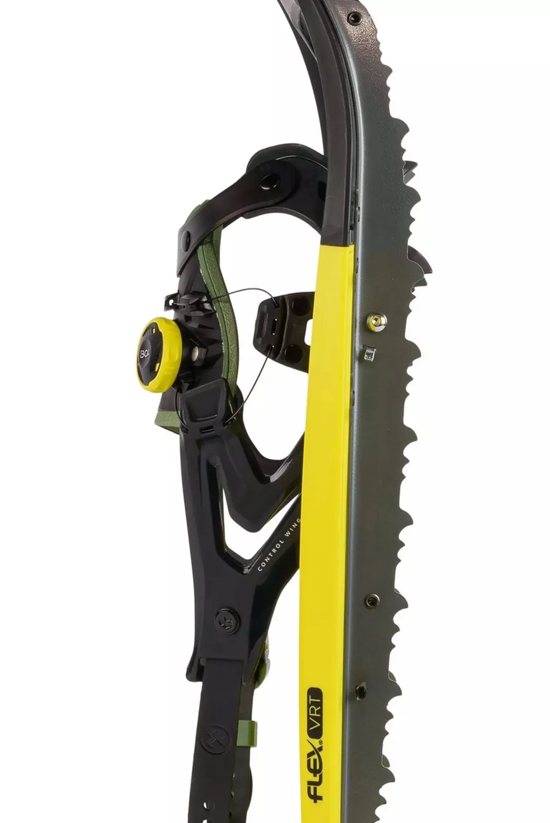 Close-up of a Tubbs Flex VRT 25 men's snowshoe in yellow with black details and BOA Fit System.