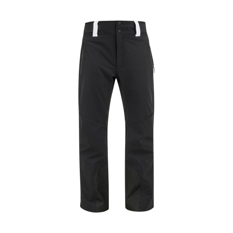 Pantalon de ski PORSCHE noir pour hommes, frontal, avec fermetures éclair des poches et intérieur des jambes renforcé.