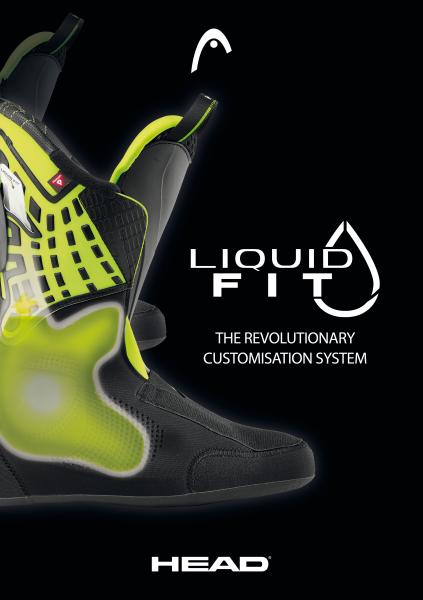 Schwarzer Skischuh mit Gelb Darstellung eines schwarzen Skischuhs mit leuchtend gelbem Innenschuh vor schwarzem Hintergrund. Text: "LIQUID FIT".