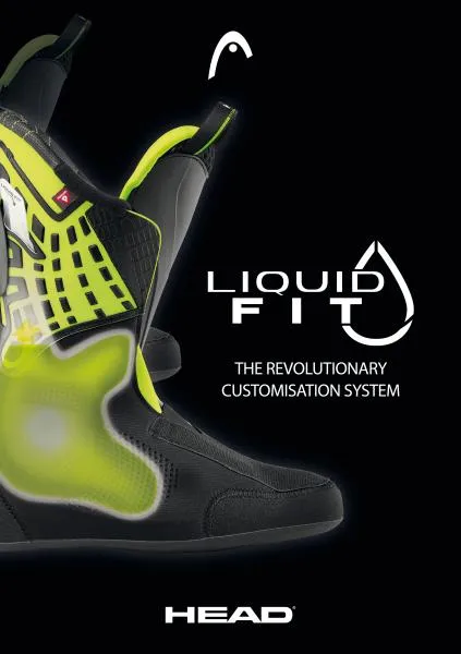 Représentation d'une chaussure de ski noire avec un chausson jaune vif sur fond noir. Texte : "LIQUID FIT".