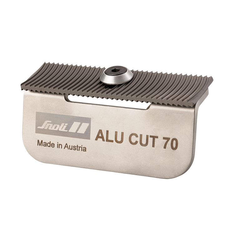 SNOLI ALU Cut 70 Werkzeug mit Radialfeile und Schraube. Aufdruck: Snoli, Made in Austria, ALU CUT 70.