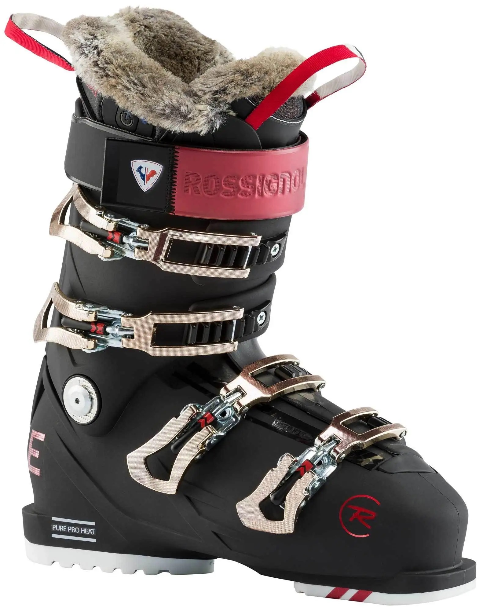 Black Rossignol Pure Pro Heat ski boot with gold-colored buckles and brown fur on the shaft.