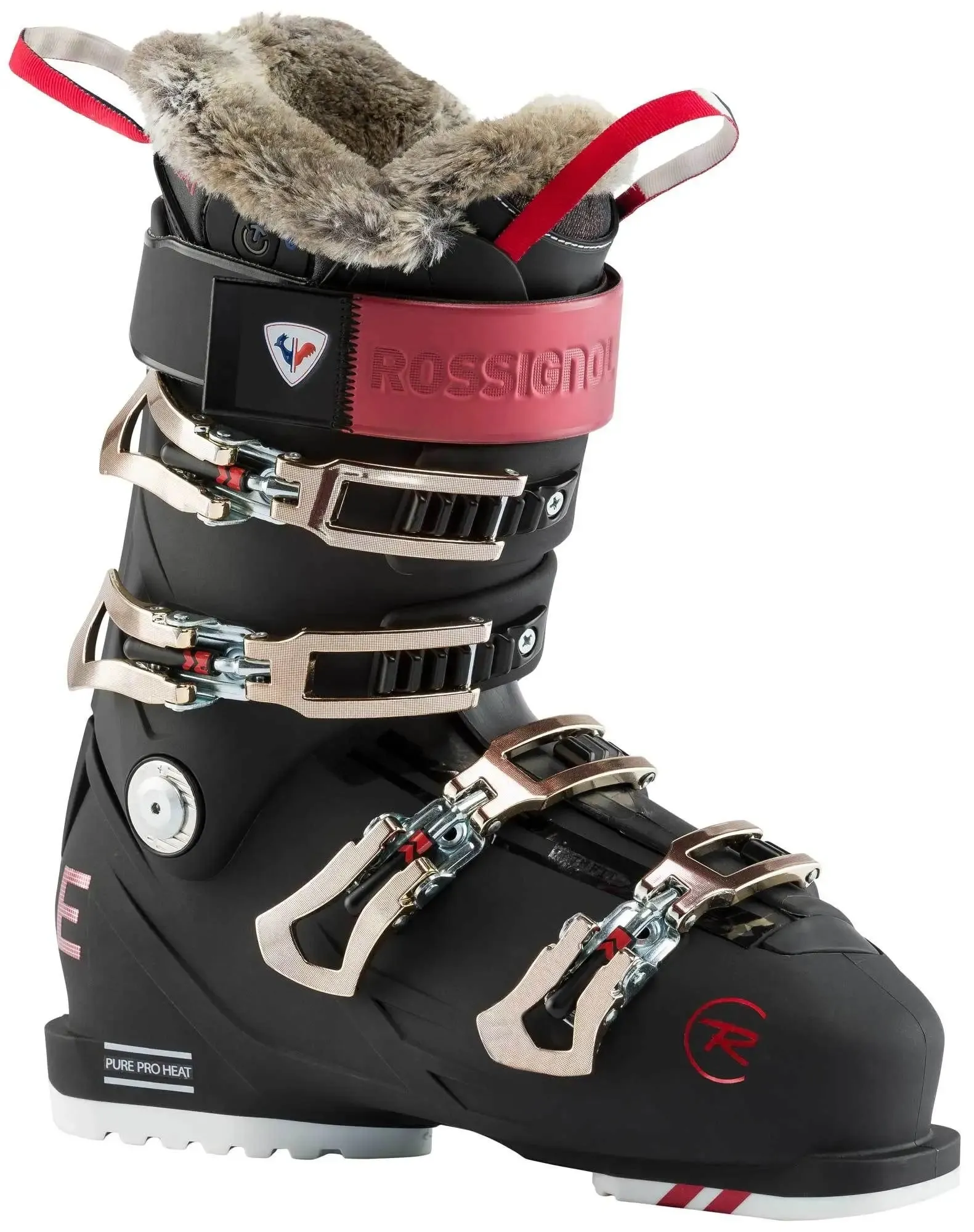 Scarpone da sci Rossignol Pure Pro Heat nero con fibbie dorate e pelliccia marrone sul gambo.