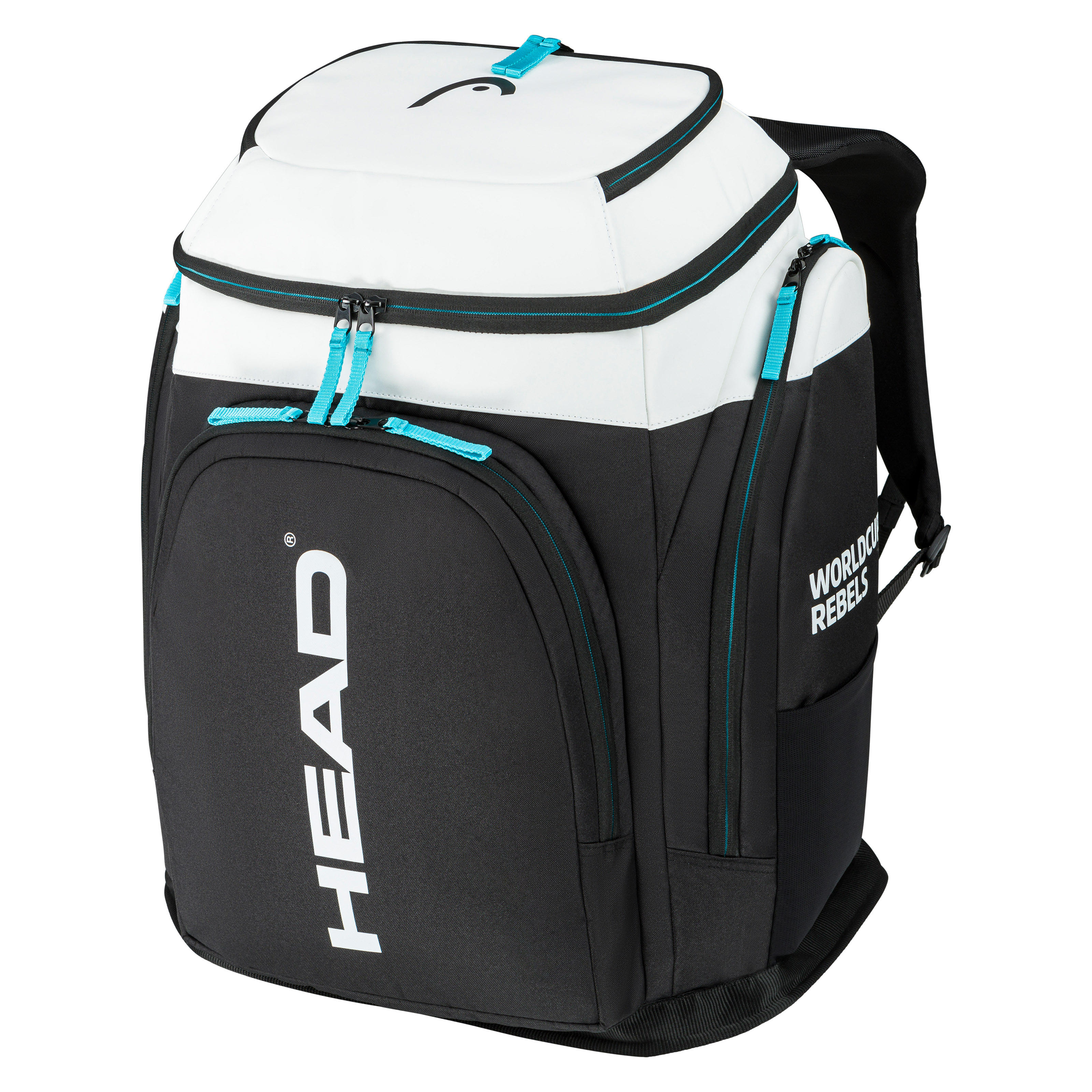 Ein Head Rebels Racing Backpack S. Der Rucksack ist schwarz-weiß mit türkisen Akzenten. "HEAD" und "WORLD CUP REBELS" sind aufgedruckt.