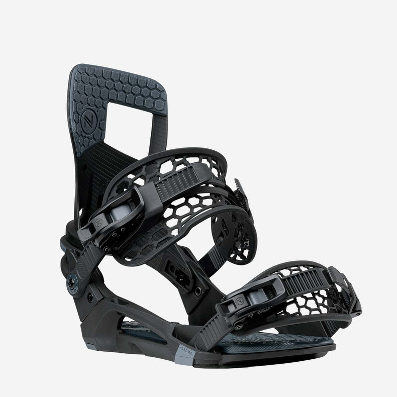 Fixation Kaon-X noire Fixation de snowboard noire Nidecker Kaon-X avec motif en nid d'abeille sur les straps et dos haut.