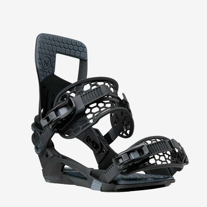 Black Nidecker Kaon-X snowboard binding with honeycomb pattern on straps and high back.