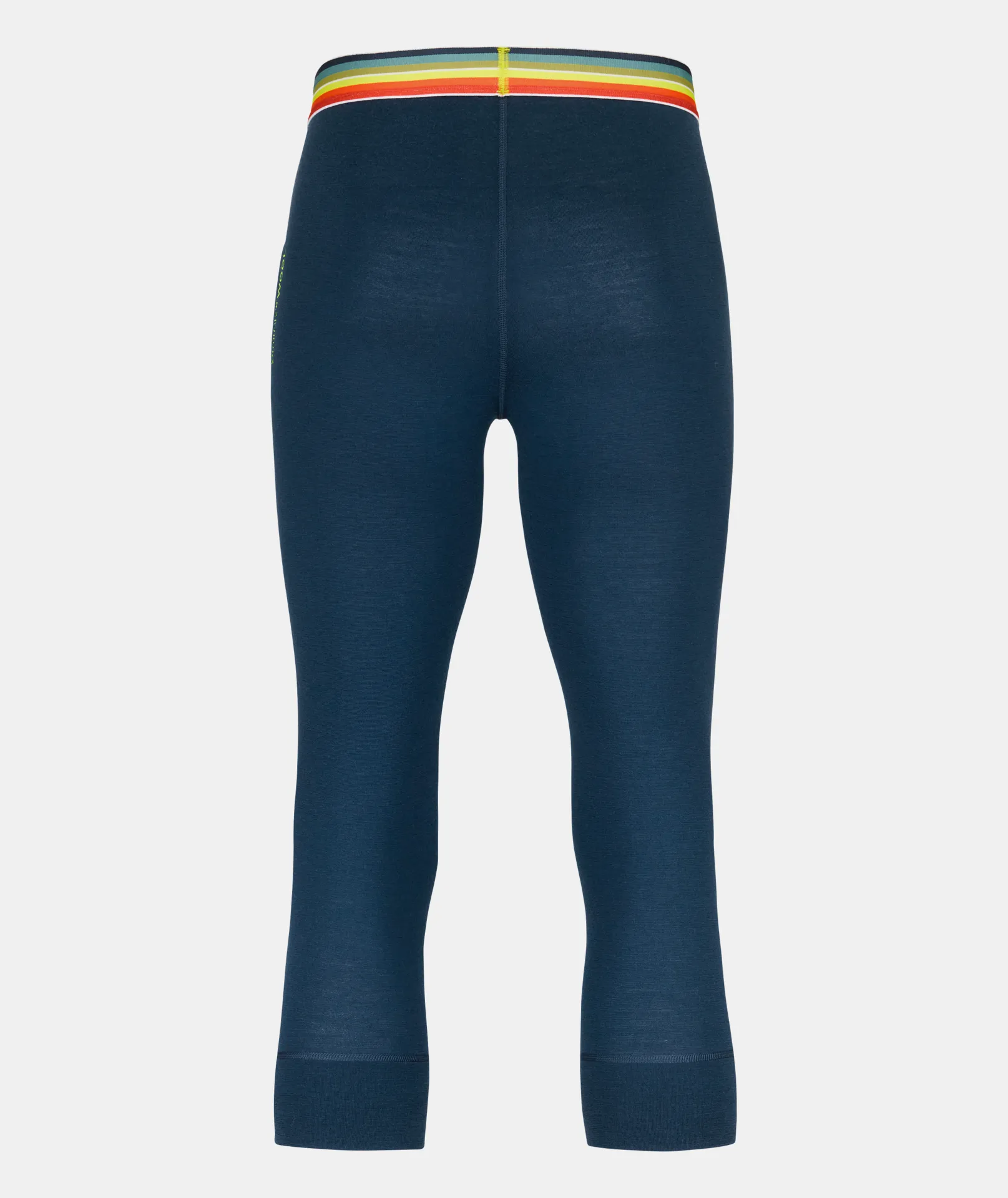 Blue 185 ROCK'N'WOOL trousers, three-quarter length from the back. Colorful waistband with stripes in yellow, orange, green and blue.