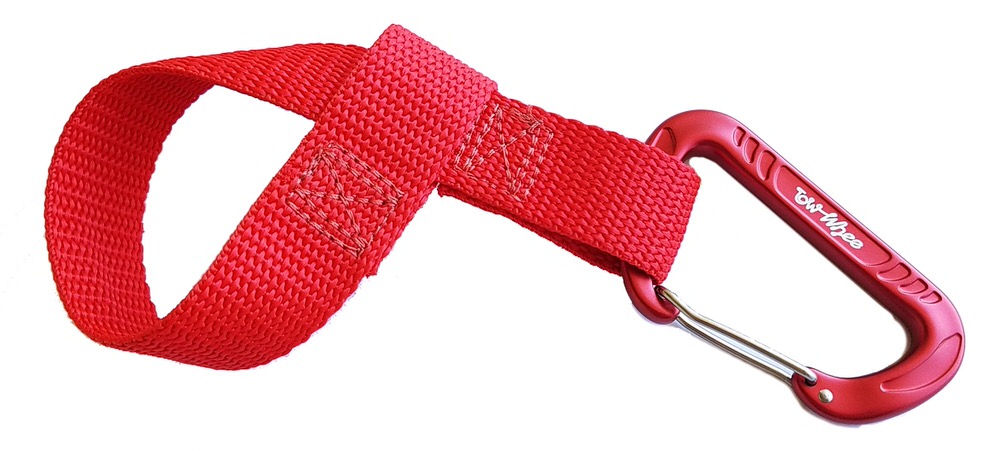 Rote Quick Loop Schlaufe mit Karabinerhaken für TowWhee Abschleppseil vor einem weißen Hintergrund.