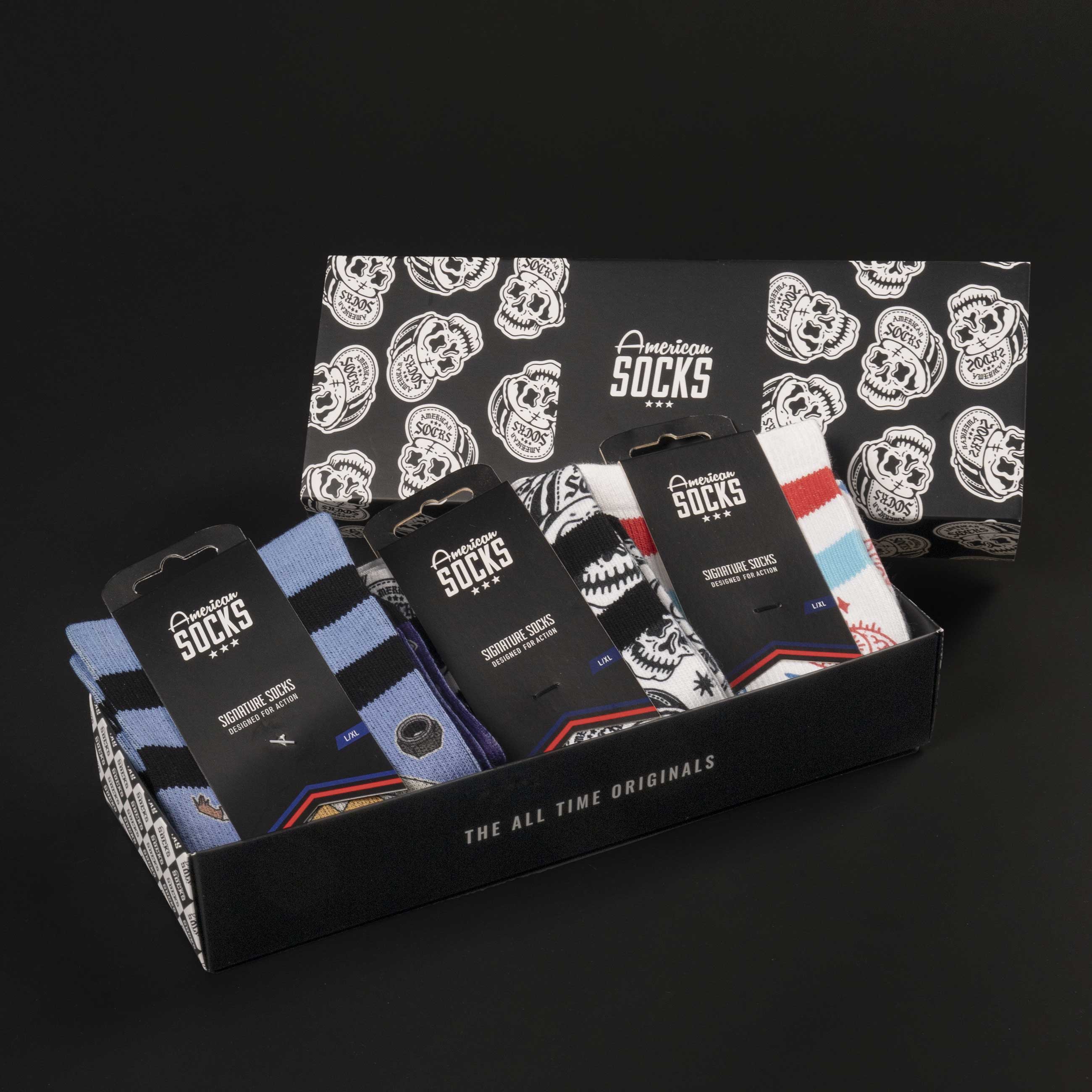 Skater Socken Geschenkbox Skater Socks Giftbox mit vier Paar Socken in einer offenen Box.