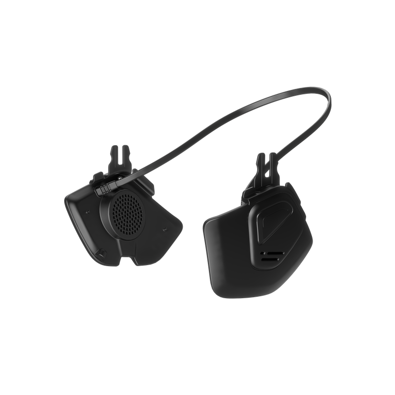 Schwarzes Obex Connect Headset mit Lautsprecher, Mikrofon und Befestigung, freigestellt.